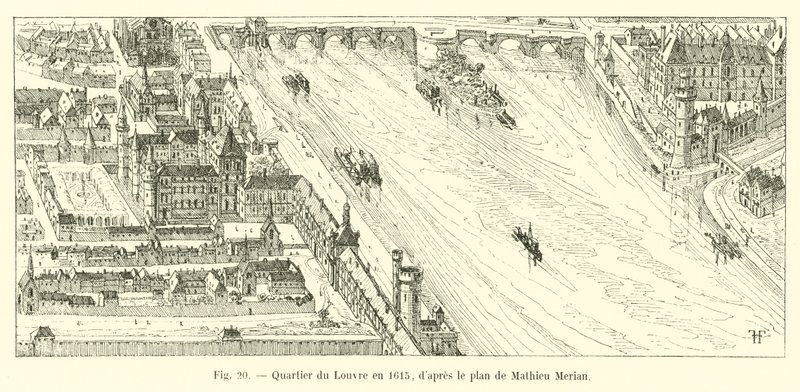 Barrio del Louvre en 1615, según el plano de Mathieu Merian de French School
