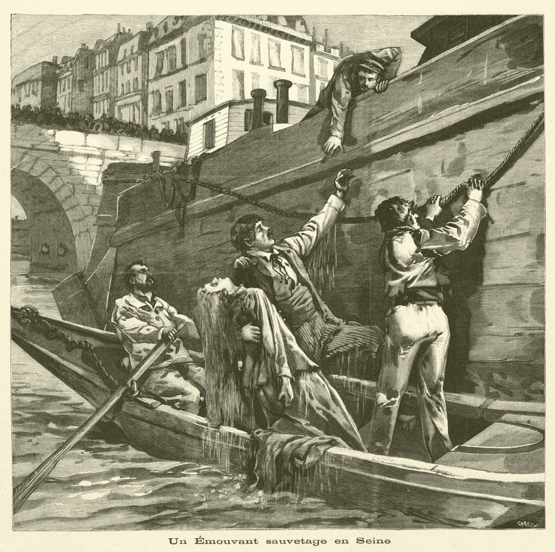 Rescate de una mujer del río Sena en París (grabado) de French School
