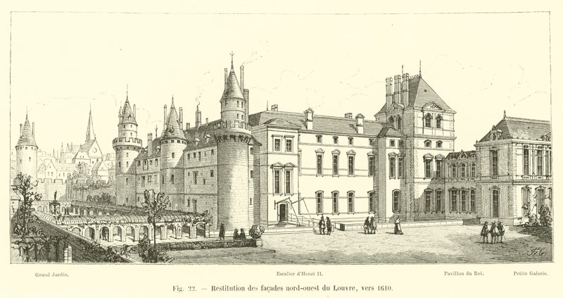 Restitución de las fachadas noroeste del Louvre, hacia 1610 de French School