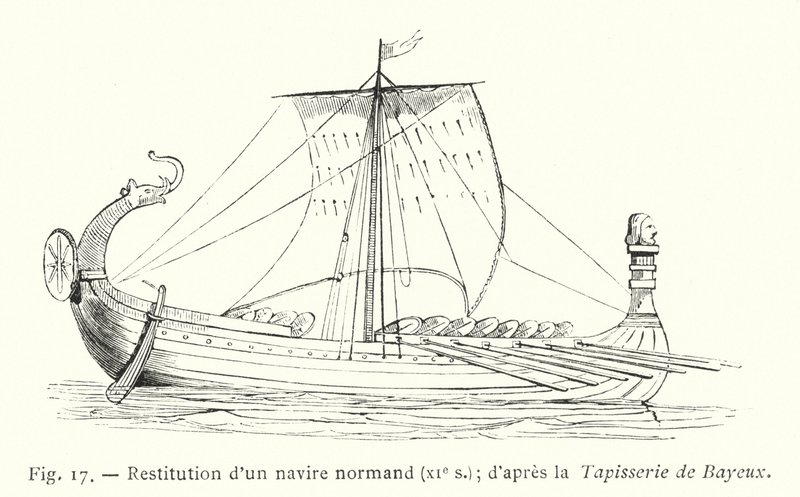 Restitución de un barco normando, siglo XI; según el Tapiz de Bayeux de French School