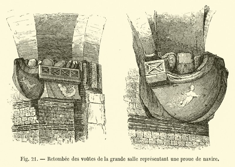 Caída de las bóvedas de la gran sala representando una proa de barco de French School