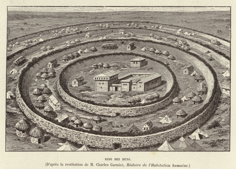 Anillo de los Hunos. Fortificaciones en forma de anillo protegiendo un asentamiento de los Hunos (grabado) de French School