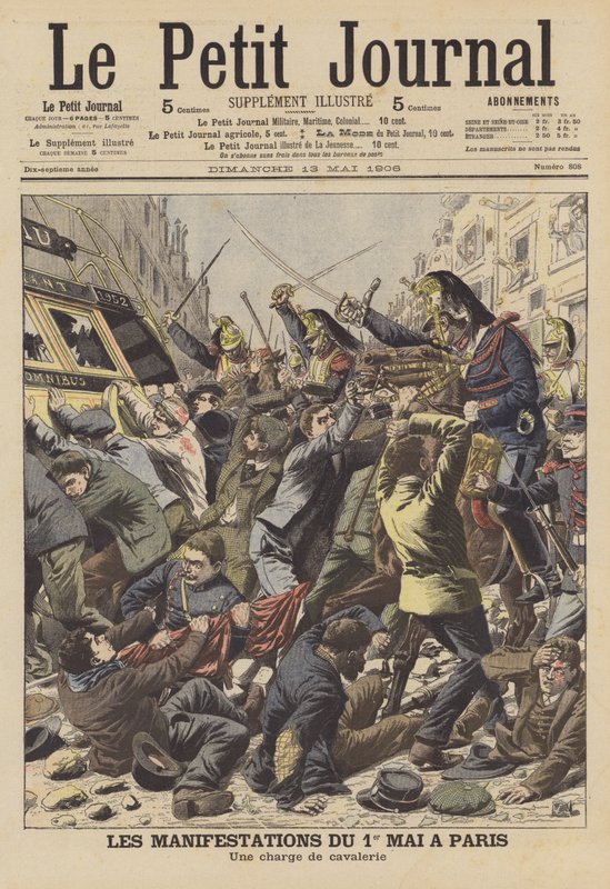 Disturbios en París el Primero de Mayo (litografía en color) de French School