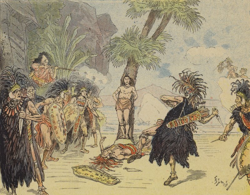 Robinson Crusoe mata al jefe caníbal y salva la vida de Viernes (litografía en color) de French School