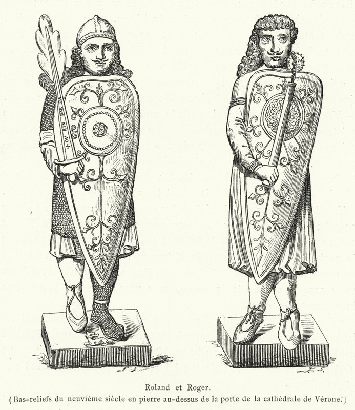 Roland y Roger, Bajorrelieves del siglo IX en piedra sobre la puerta de la catedral de Verona (grabado) de French School