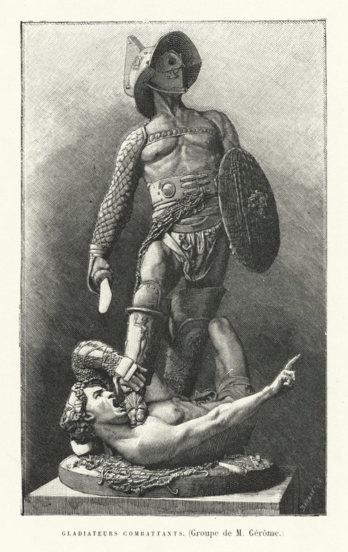 Gladiadores romanos luchando (grabado) de French School