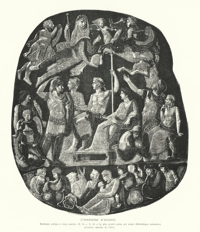 Camafeo de ónix romano que representa la apoteosis del emperador Augusto (grabado) de French School