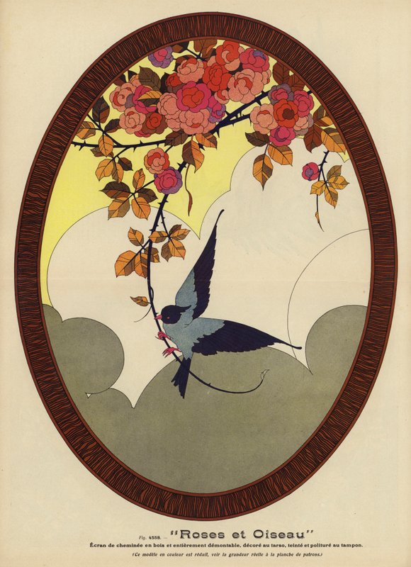 Rosas y pájaros (litografía en color) de French School