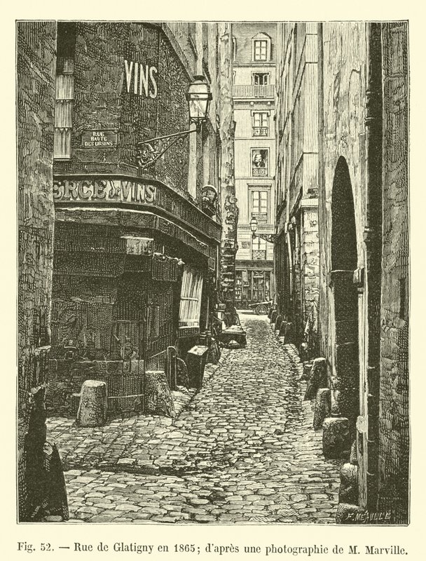 Rue de Glatigny en 1865; según una fotografía de M. Marville de French School