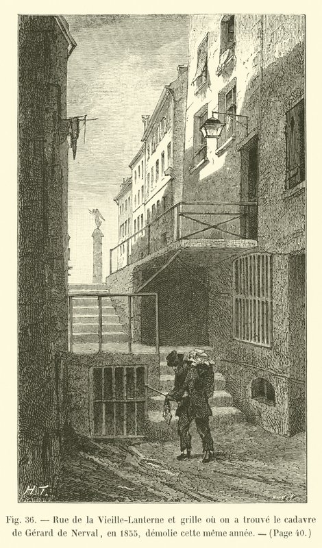 Calle de la Vieille-Lanterne y reja donde se encontró el cadáver de Gérard de Nerval, en 1855, demolida ese mismo año de French School