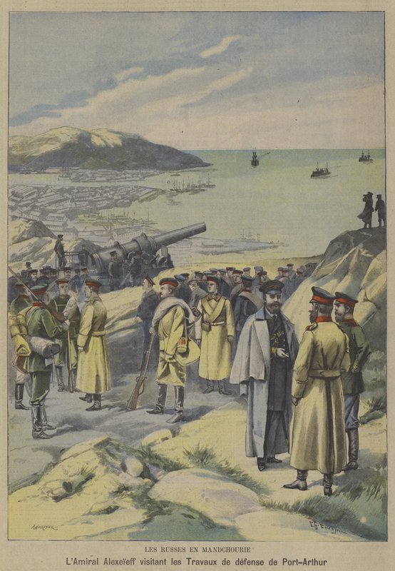 El almirante ruso Yevgeni Alekseyev visitando defensas en construcción en Port Arthur, Manchuria, en vísperas de la Guerra Ruso-Japonesa de French School