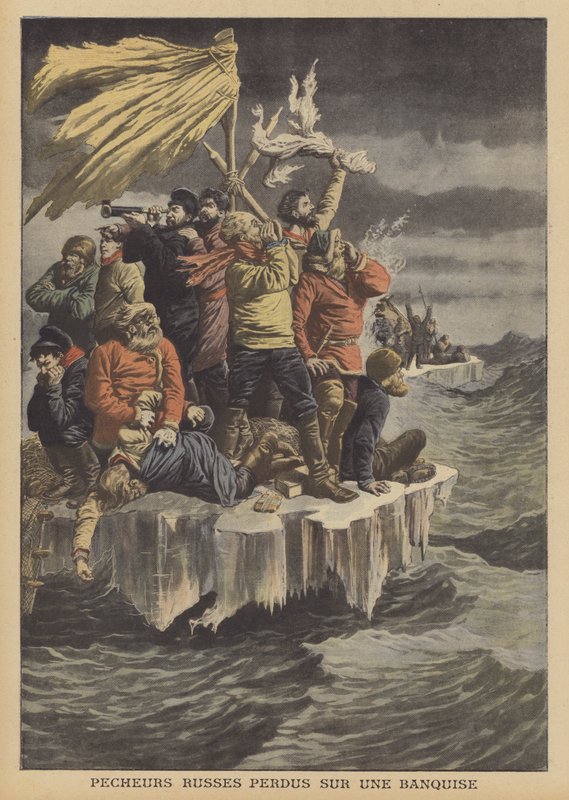 Pescadores rusos a la deriva en un témpano de hielo de French School
