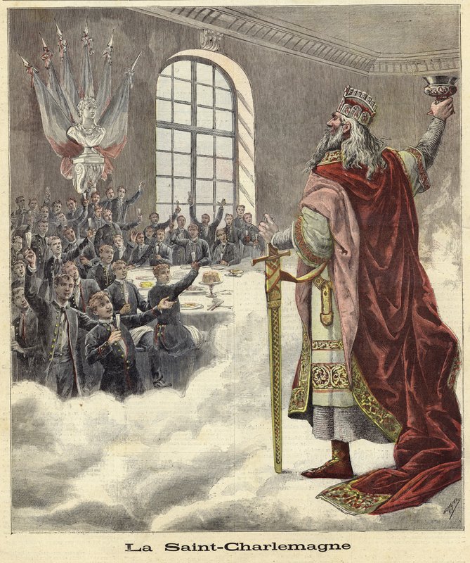 San Carlomagno levantando un cáliz ante los comensales sentados de French School