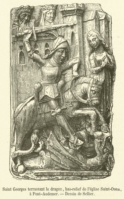 San Jorge matando al dragón, bajorrelieve de la iglesia de Saint-Ouen, en Pont-Audemer de French School