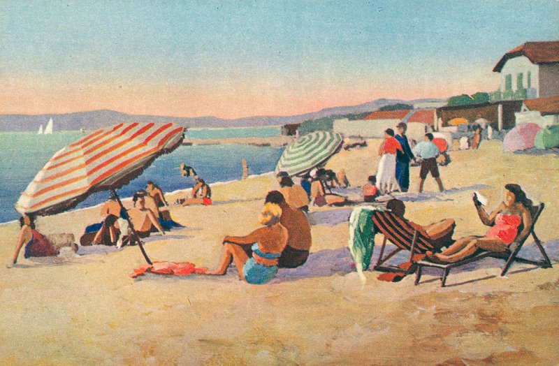 Saint Tropez: La playa de la bullabesa (litografía en color) de French School