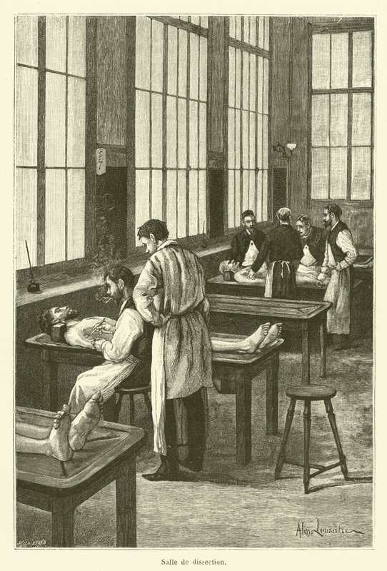 Sala de disección (grabado) de French School