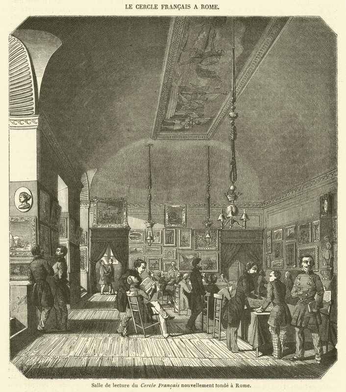 Sala de lectura del Cercle Francais recién fundado en Roma (grabado) de French School