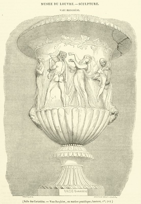 Sala de las Cariátides, Vaso Borghese, en mármol pentélico, altura, 1m, 717 (grabado) de French School
