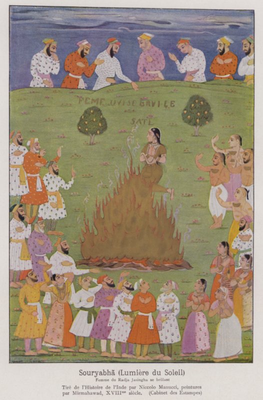 Sati, la tradición de una viuda que se inmola en la pira funeraria de su marido en la India (litografía en color) de French School