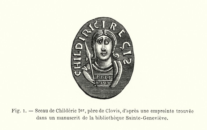 Sello de Childerico I, padre de Clovis, según una impresión encontrada en un manuscrito de la biblioteca Sainte-Genevieve (grabado) de French School