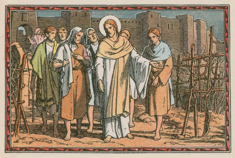Escena de la vida de Jesús (grabado coloreado) de French School