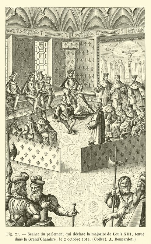 Sesión del parlamento que declara la mayoría de Luis XIII, celebrada en la Gran Cámara, el 2 de octubre de 1614, colección A. Bonnardot de French School