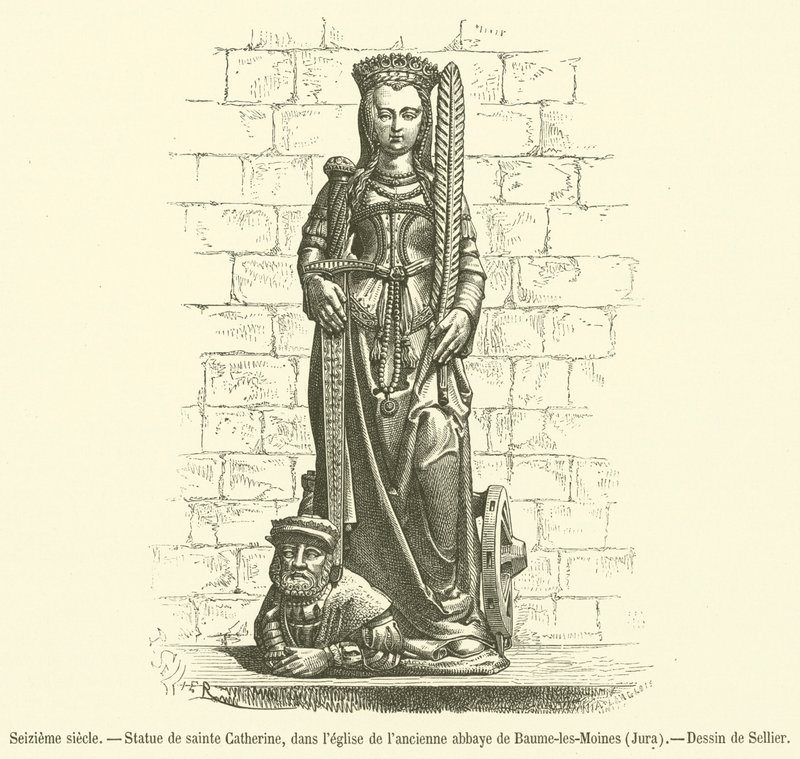 Siglo XVI, Estatua de Santa Catalina, en la iglesia de la antigua abadía de Baume-les-Moines, Jura de French School