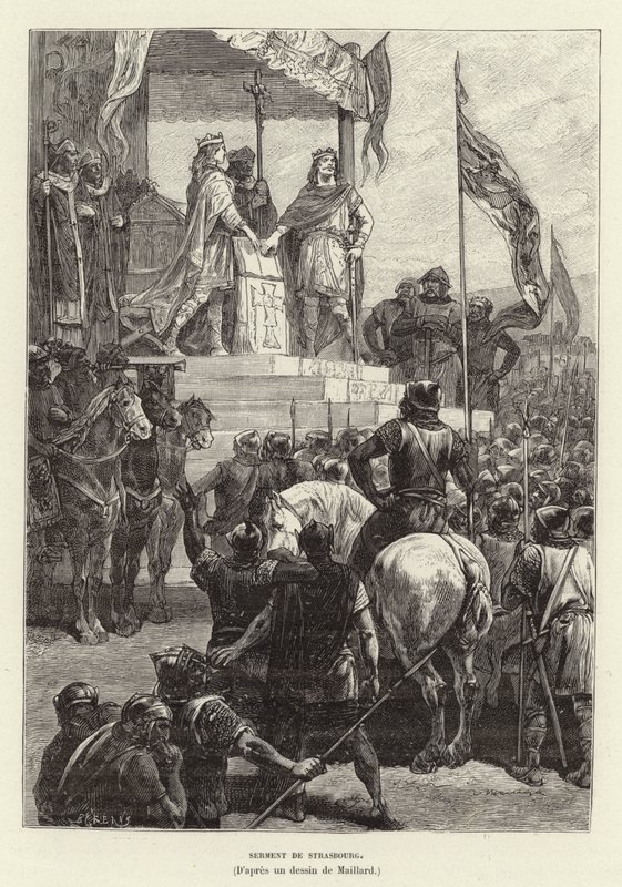 Juramento de Estrasburgo. Alianza entre Luis el Germánico y Carlos el Calvo, reyes de Francia Oriental y Occidental, 842 (grabado) de French School