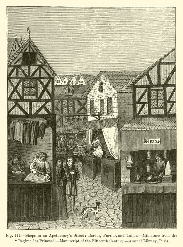 Tiendas en una calle de boticarios: Barbero, Peletero y Sastre (grabado) de French School