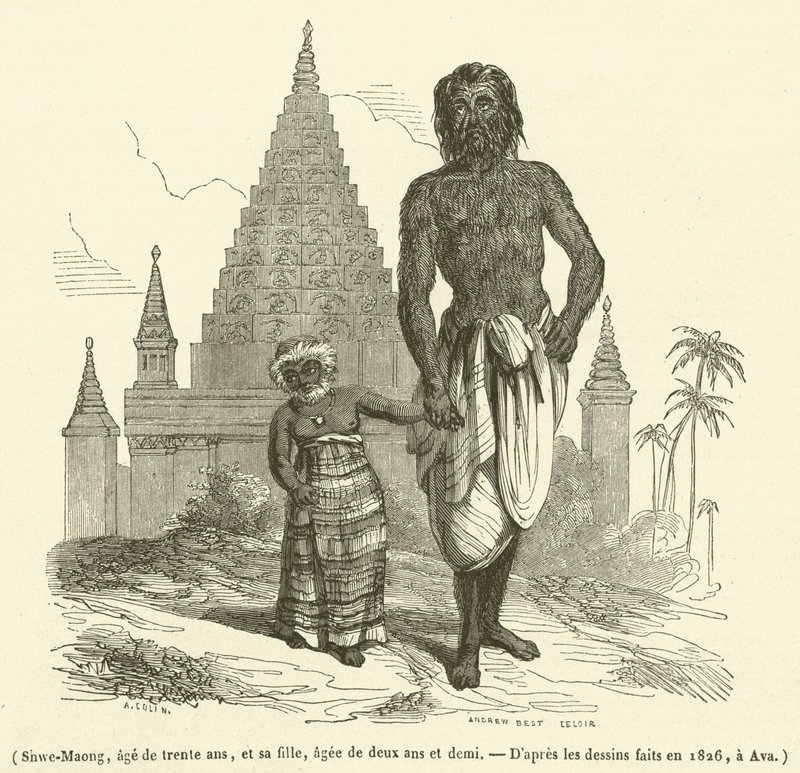 Shwe-Maong, de treinta años, y su hija, de dos años y medio (grabado) de French School
