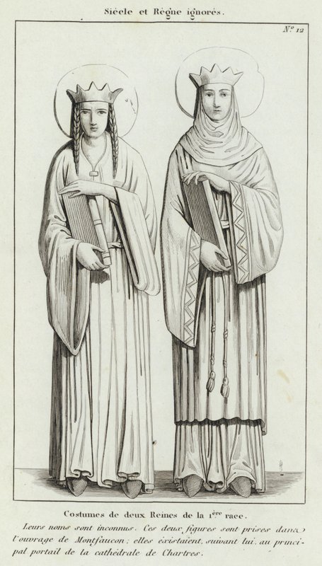 Siglo y Reinado desconocidos, Trajes de dos Reinas de la Primera Raza (grabado) de French School