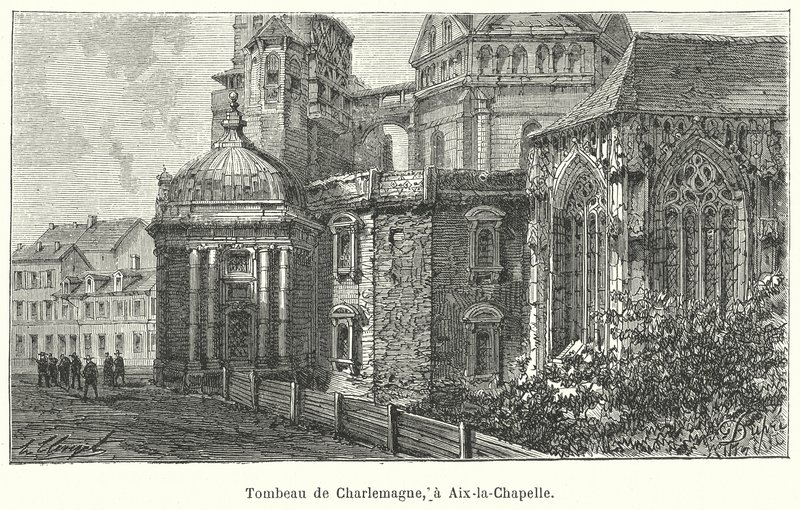 Sitio de la tumba del emperador Carlomagno, Catedral de Aquisgrán, Alemania (grabado) de French School
