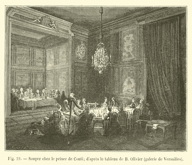 Cena en casa del príncipe de Conti; según el cuadro de B. Olivier, galería de Versalles de French School