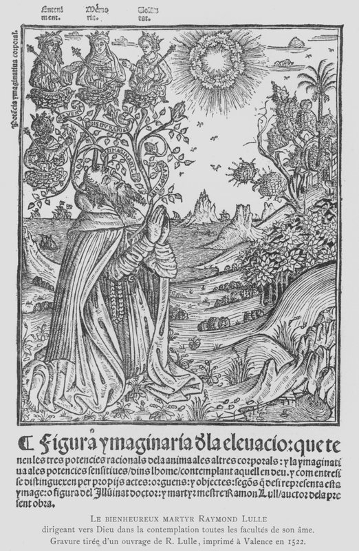 Filósofo español y terciario franciscano Ramón Llull en contemplación, dirigiendo todas las facultades de su alma a Dios (litografía) de French School