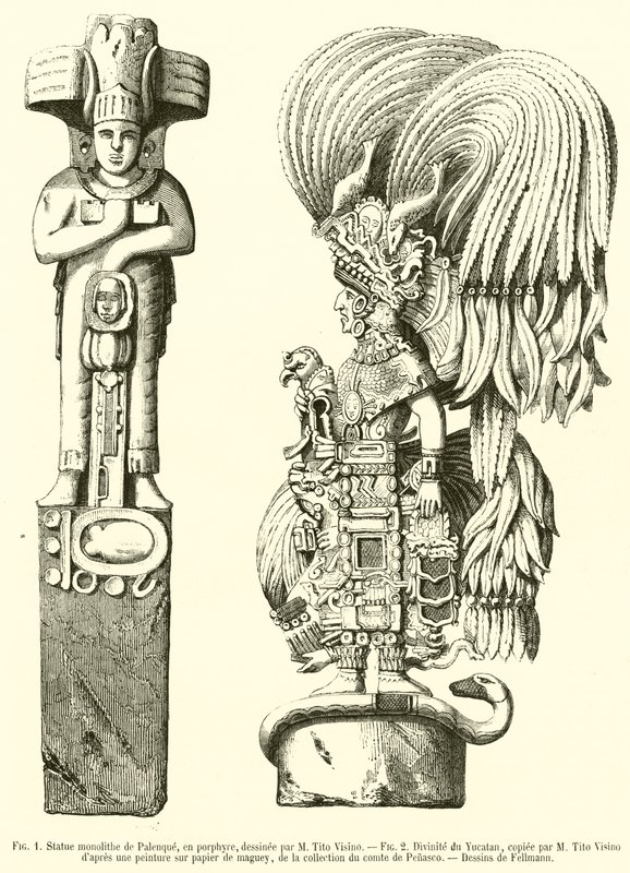 Estatua monolítica de Palenque, en pórfido; Divinidad del Yucatán de French School