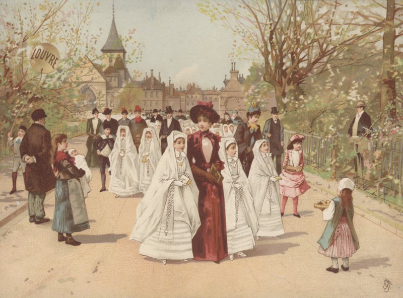 Escena callejera con niñas vistiendo vestidos de Confirmación de French School