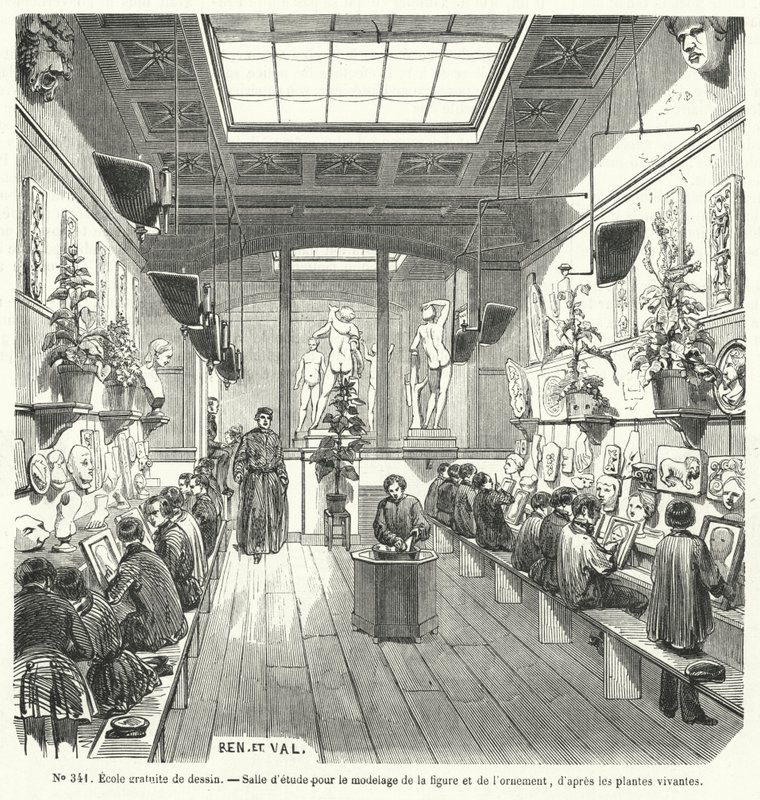 Estudiantes en una clase en una escuela gratuita de dibujo, Francia de French School