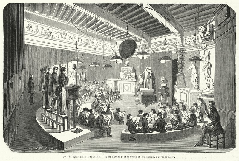 Estudiantes en una clase en una escuela gratuita de dibujo, Francia (grabado) de French School