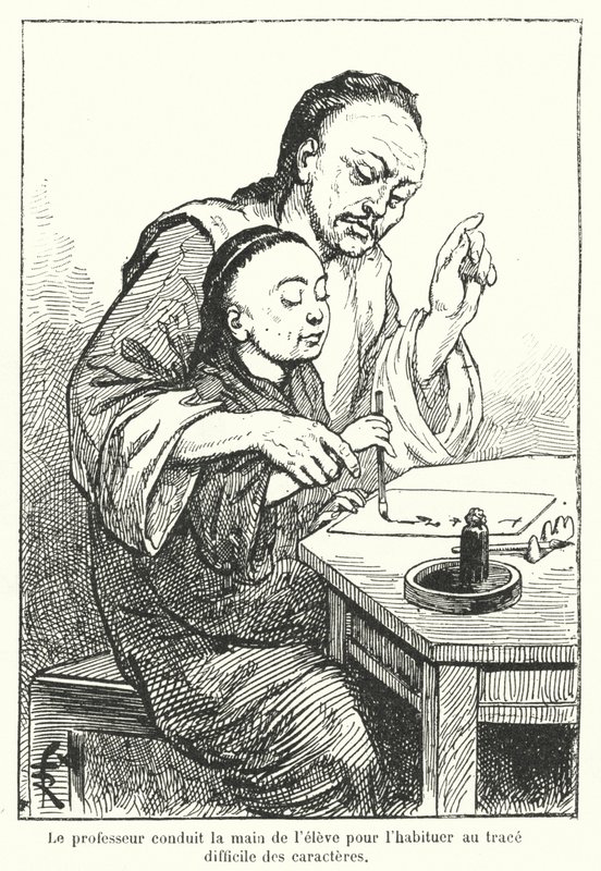 Maestro guiando la mano de un estudiante que aprende a escribir caracteres chinos (grabado) de French School