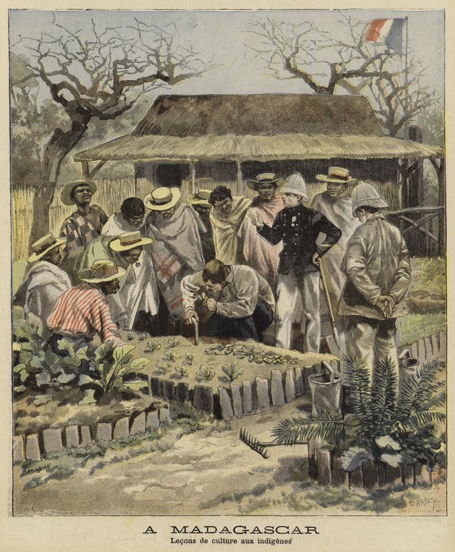 Enseñando técnicas agrícolas a los nativos, Madagascar, 1897 de French School