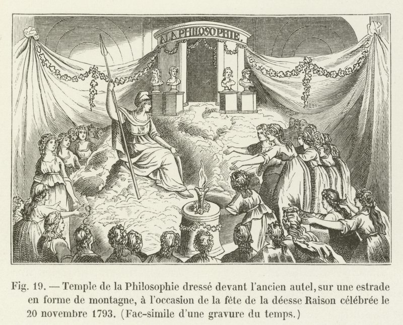 Templo de la Filosofía erigido frente al antiguo altar, sobre un estrado en forma de montaña, con motivo de la fiesta de la diosa Razón celebrada el 20 de noviembre de 1793, Facsímil de una grabado de la época de French School