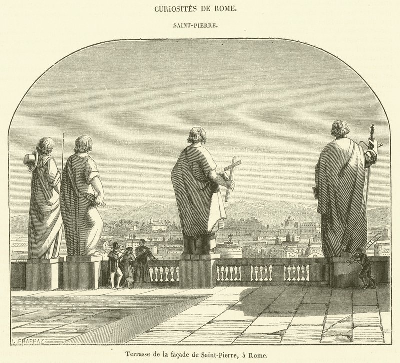 Terraza de la fachada de San Pedro, Roma (grabado) de French School