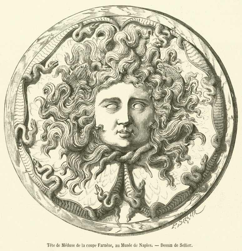Cabeza de Medusa de la copa Farnese, en el Museo de Nápoles de French School