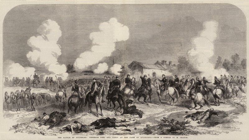 La batalla de Solferino, generales Niel y Vinoy en la granja de Quagliara de French School