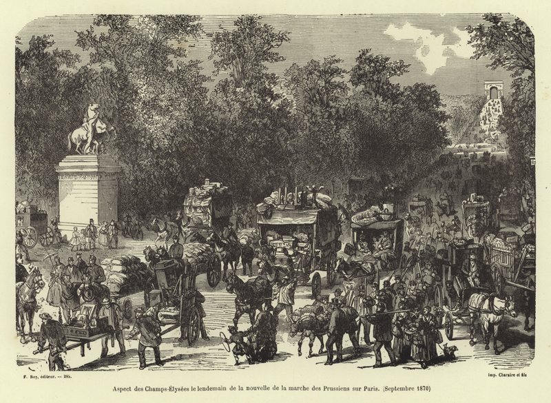 Los Campos Elíseos el día después de recibir la noticia de la marcha prusiana sobre París, septiembre de 1870 de French School