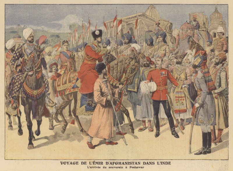 El Emir de Afganistán llega a Peshawar en visita a la India (litografía en color) de French School