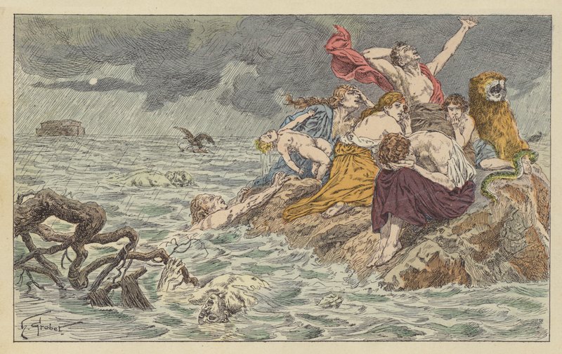 El diluvio (litografía en color) de French School
