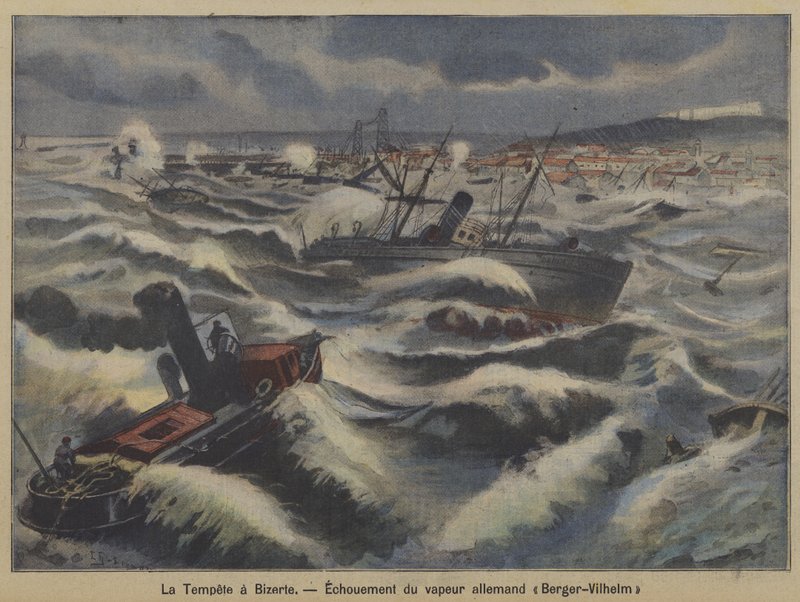 El vapor alemán Berger-Wilhelm encallando en una tormenta frente a Bizerta, Túnez de French School