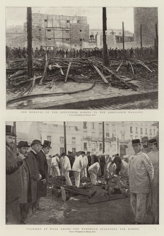 El traslado de los cuerpos recuperados a las ambulancias, soldados trabajando entre los escombros buscando cuerpos (grabado) de French School