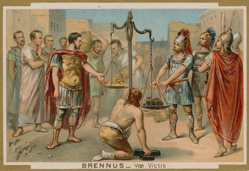 Los romanos tratando de comprar su salvación del jefe galo Breno, siglo IV a.C. de French School